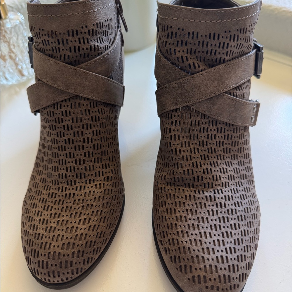 Indigo Brown Perforated Ankle Booties with Cross Strap